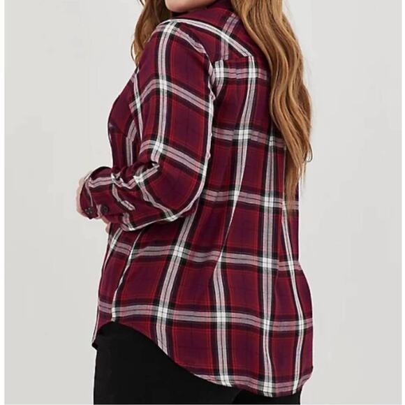 TORRID Red Plaid Twill Button-Up Long Sleeve Shirt Sz 1 - Picture 3 of 8